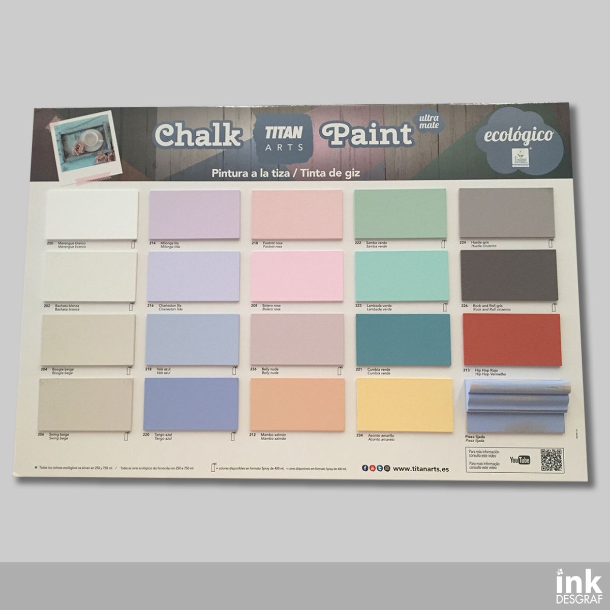 Cartela Chalk Impresa y Contracolada Con Aplicaciones Reales De Color Sobre Madera